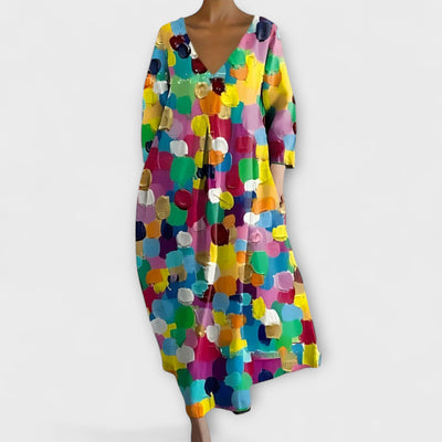 Aurora - Langes, farbenfrohes Kleid mit V-Ausschnitt
