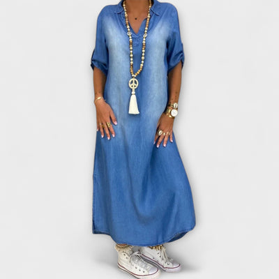 Aurora - Langes Denim-Look Kleid mit Seitenschlitz