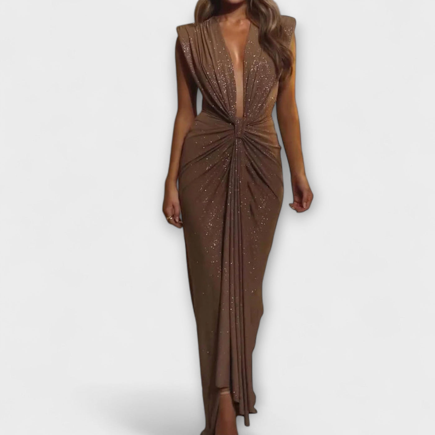 The product title remains unchanged: "Thea - Maxikleid mit tiefem V-Ausschnitt".