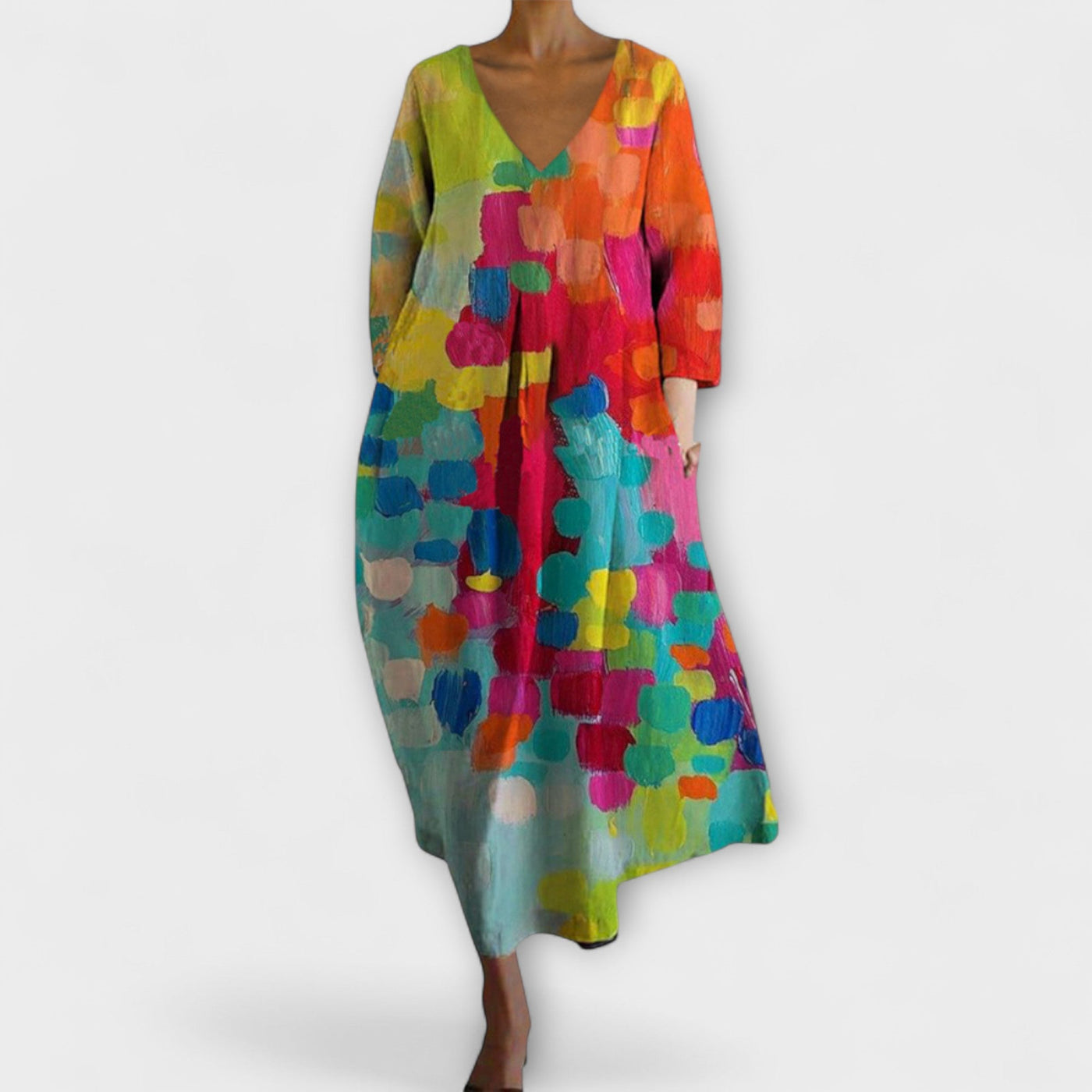 Aurora - Langes, farbenfrohes Kleid mit V-Ausschnitt