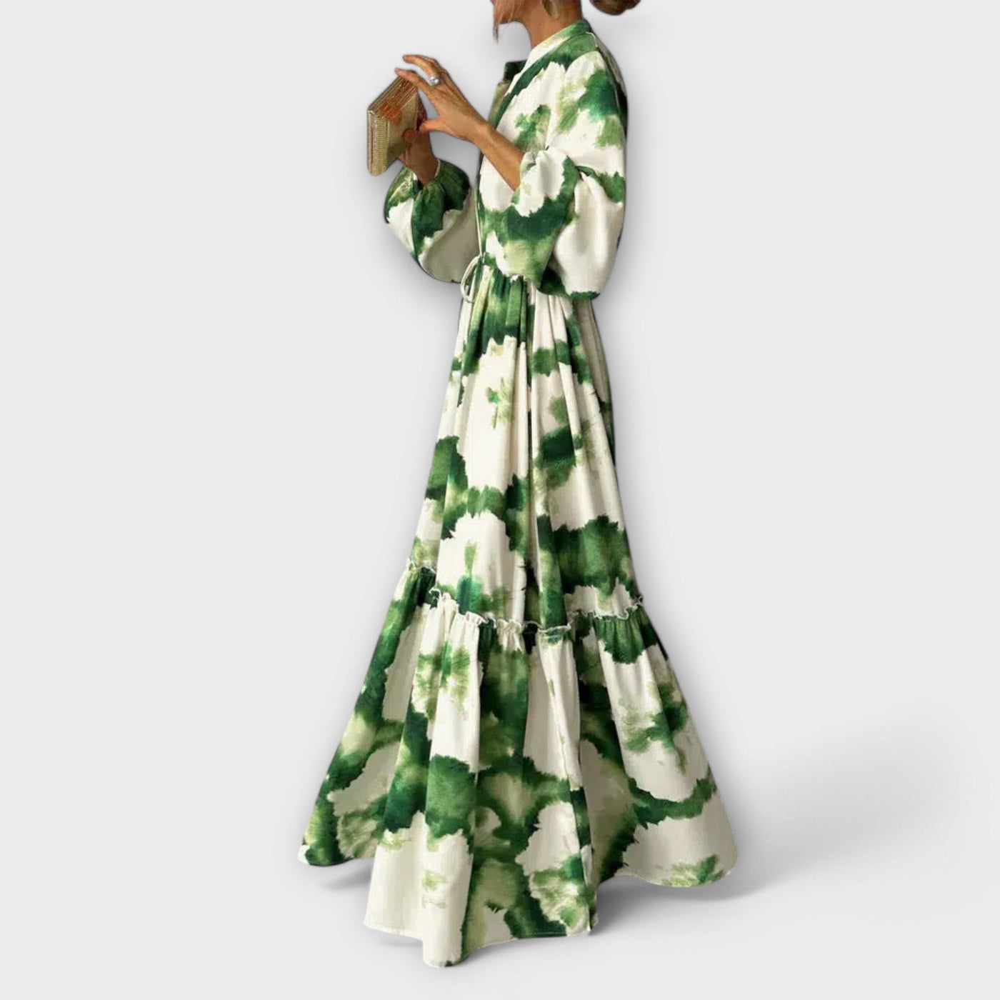 Aurora - Grünes Maxi-Kleid mit langen Ärmeln und V-Ausschnitt