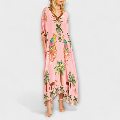Aurora - Auffälliges Kleid mit schrägen Schultern und Kokosbaum-Print