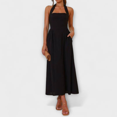 Aurora - Mid-Length Schwarzes Halterkleid mit Taillendetail