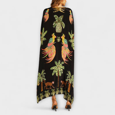 Aurora - Auffälliges Kleid mit schrägen Schultern und Kokosbaum-Print