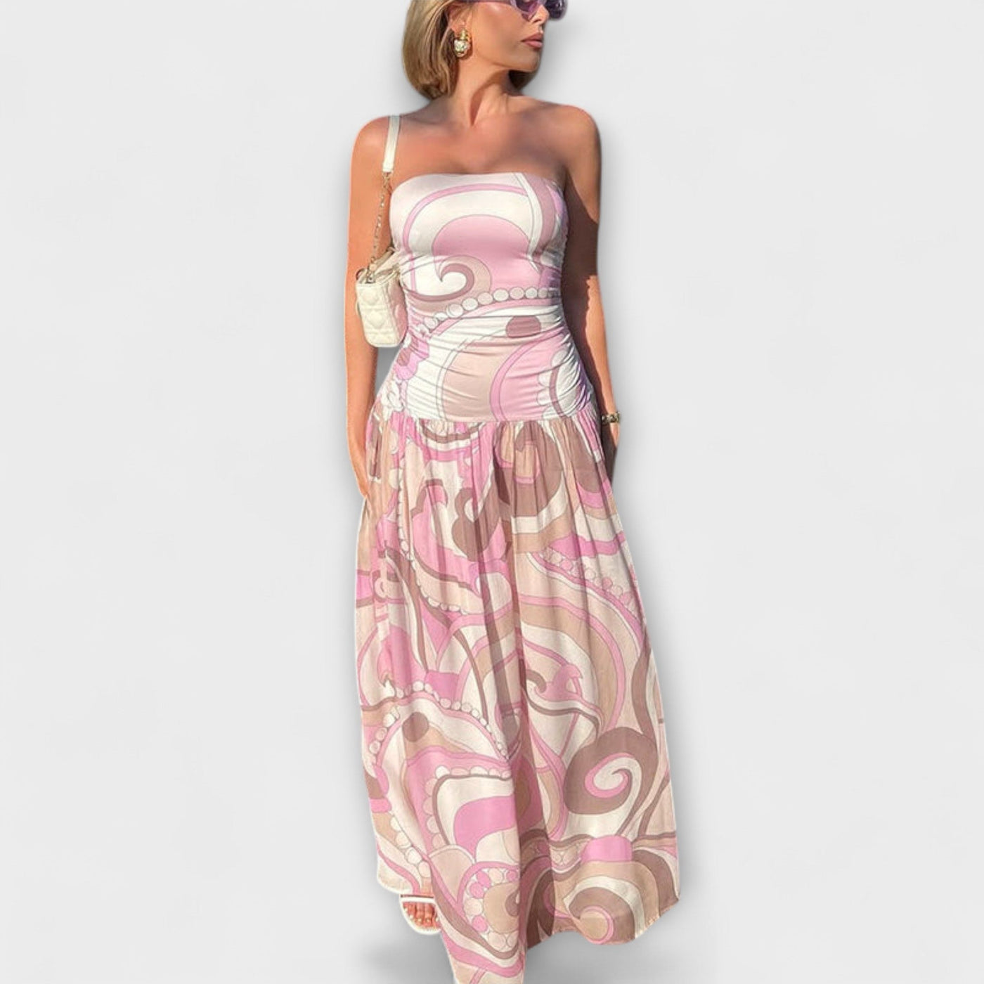Aurora - Atemberaubendes pastellfarbenes schulterfreies Maxikleid