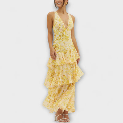 Domenica - Chiffonkleid mit V-Ausschnitt und fließenden Lagen