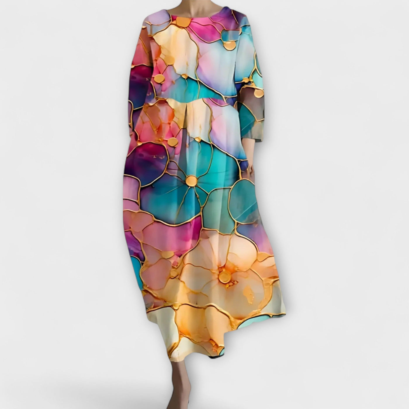 Aurora - Langes, farbenfrohes Kleid mit V-Ausschnitt